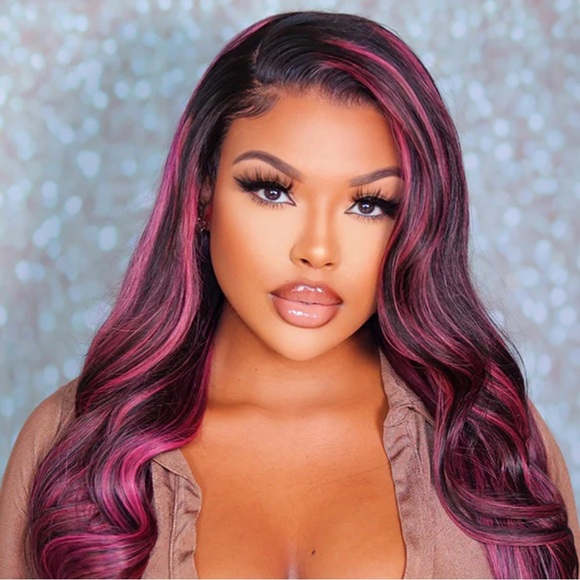 Megalook Human Hair Transparent 13x4 Lace Front Wig Purple Highlights 24 inch - Picture 2 of 11